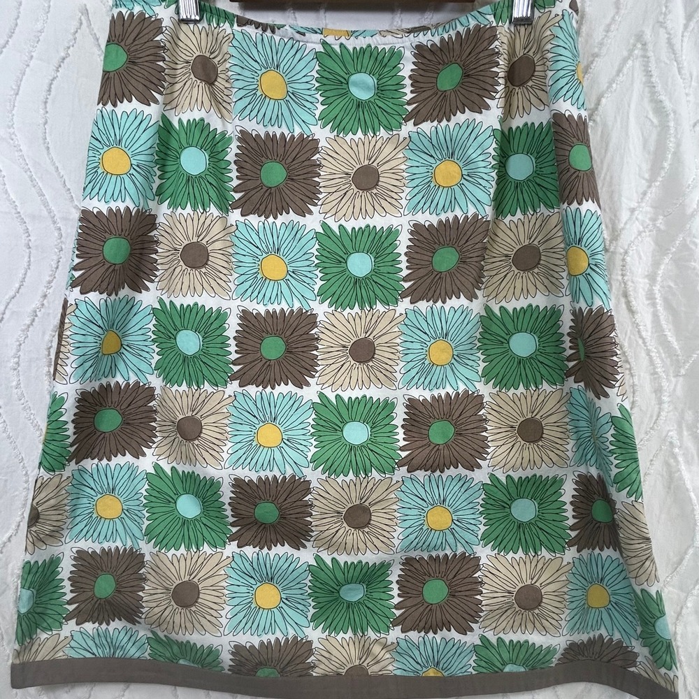 Boden A-Line Midi Skirt Womens US 10 Green Teal Brown  Floral Daisy Retro Mod